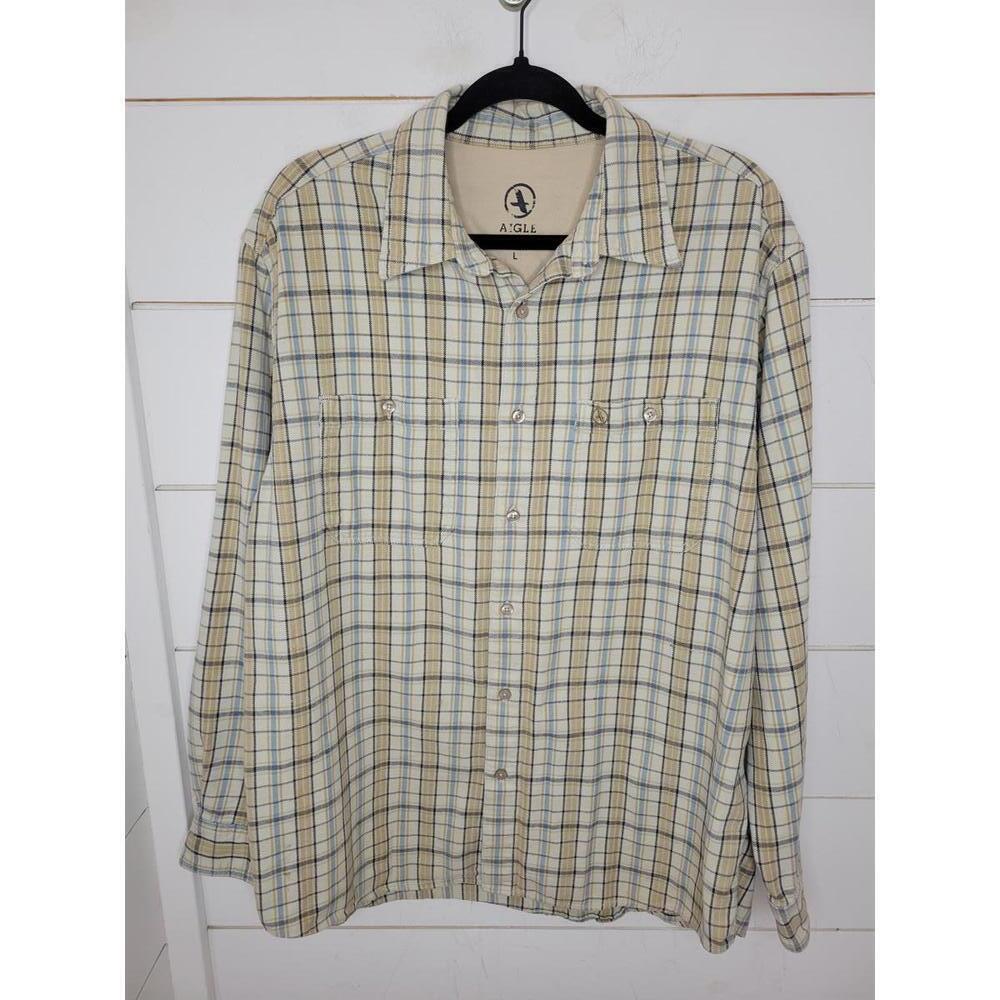 Aigle large cream & blue plaid flannel button down shirt